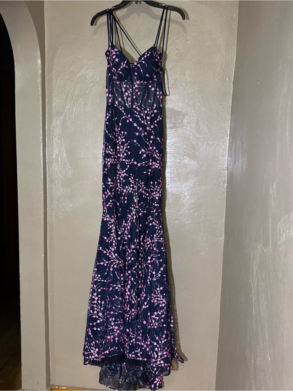 Blondie Nites Navy Prom Dress with corset top and Pink Floral Print